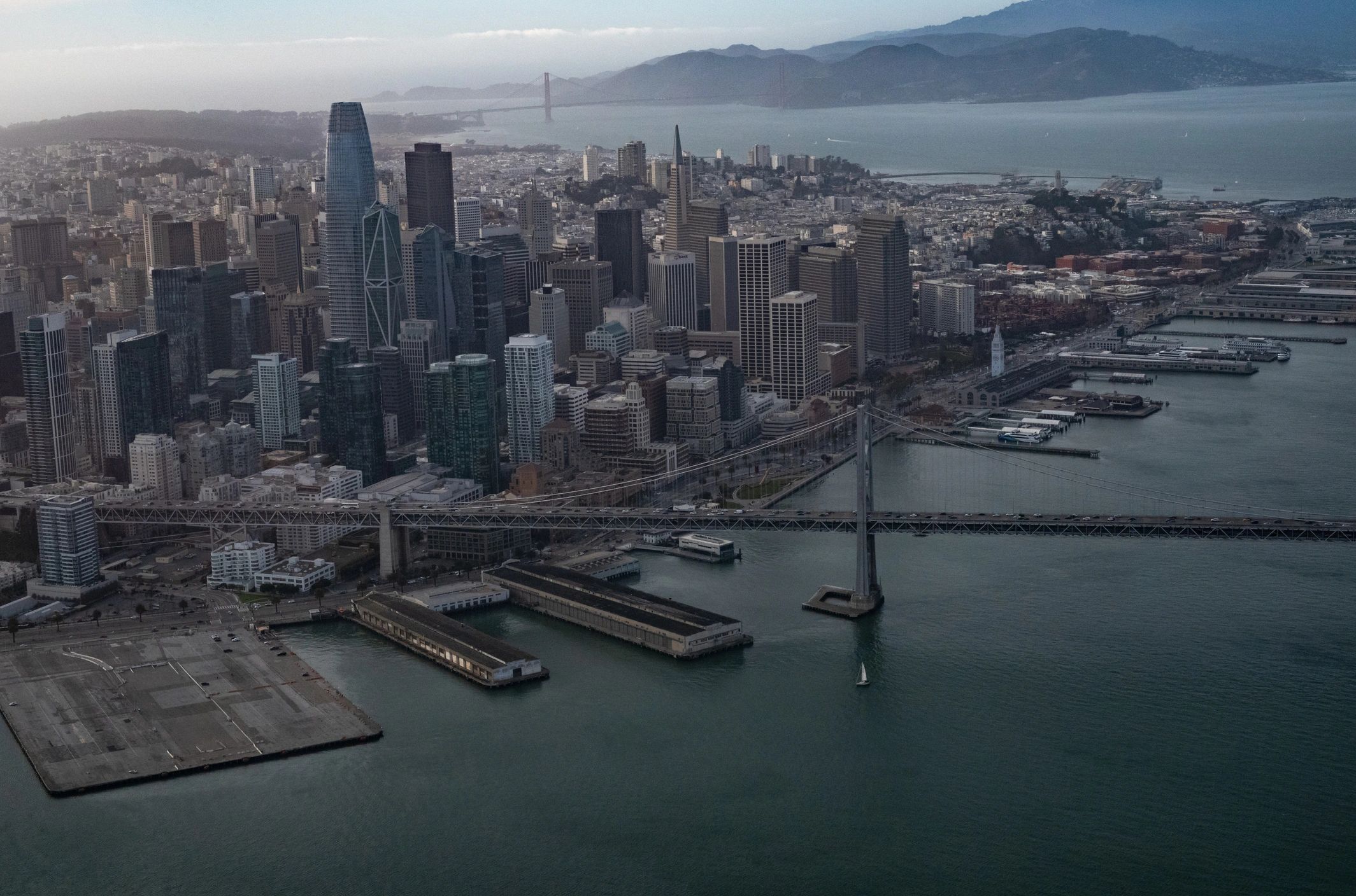 Aerial view of San Francisco with the Bay Bridge