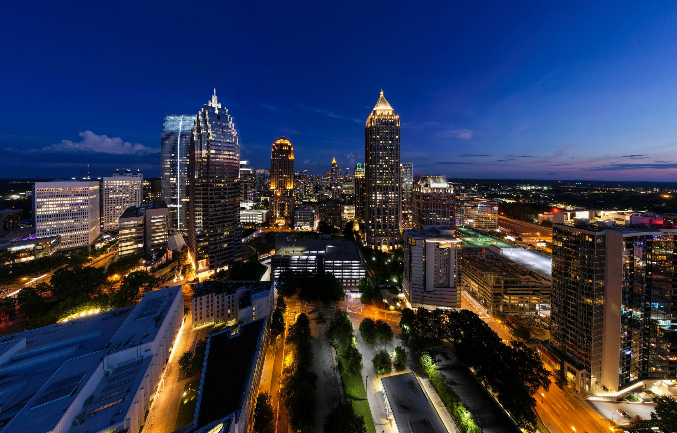 American city skyline illuminated at twilight