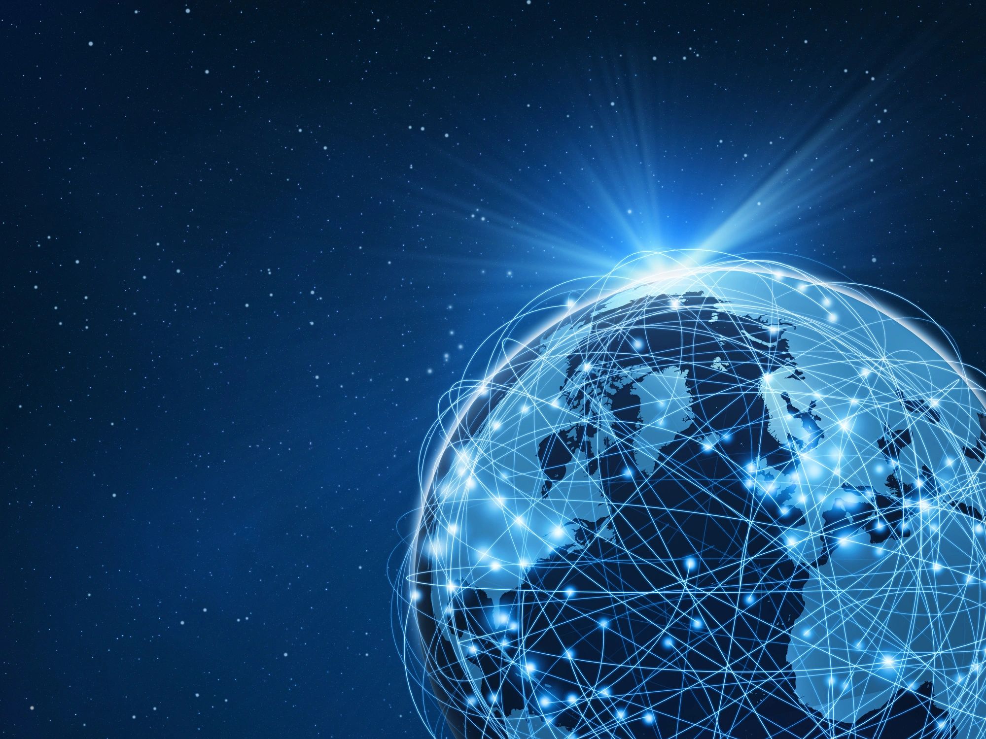 Glowing network connections around Earth representing global connectivity